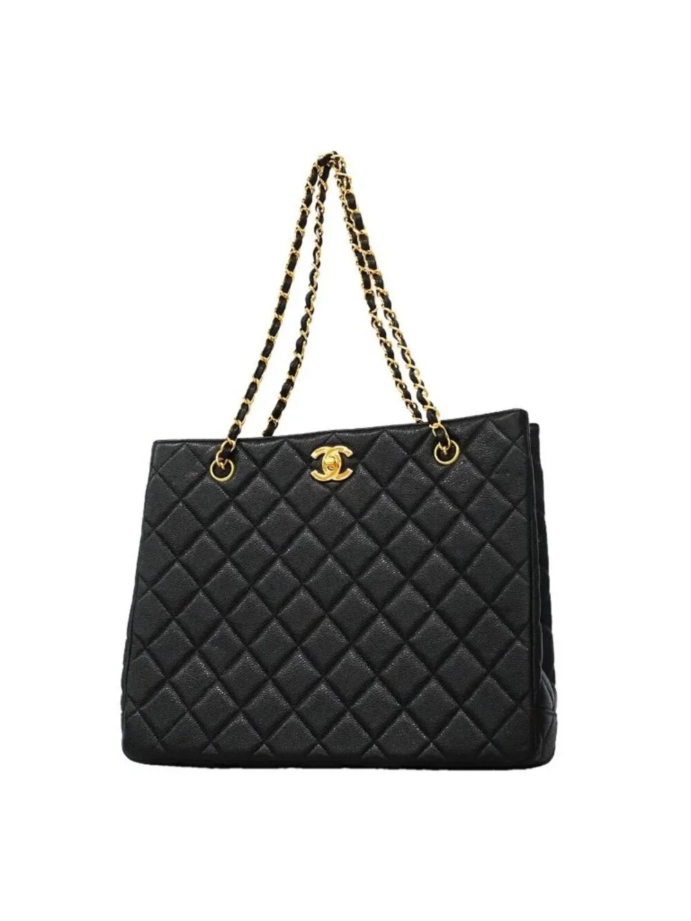 Chanel Chain Tote Bag Quilted Caviar Leather Black Gold